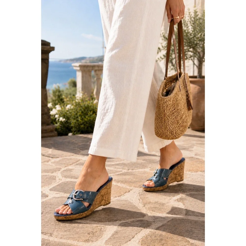 Brighton Summer 199 Italy Blue Patent Cork Wedge Sandals Women 10